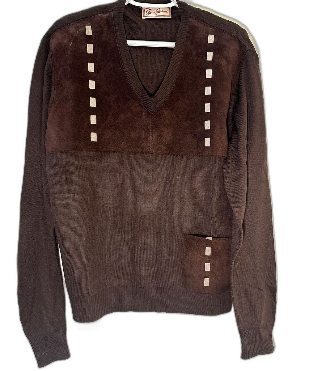 Vintage Gino Givani Men’s Small/Medium Brown V-Neck Suede Leather Panel Sweater